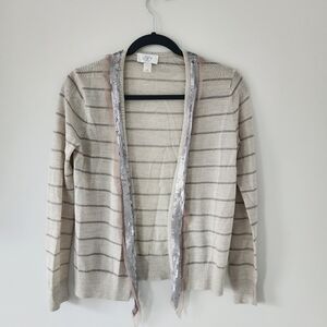 Ann Taylor LOFT Womens SP Sequin Sweater Trim Cardigan Wool Stripe Open Front